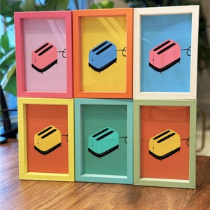 Mini-kunstafdruk kleine broodrooster | Kleurrijk ingelijst magnetisch | 2 x 3 inch