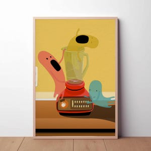 Lámina de fantasmas de cocina - Licuadora Ghouls: decoración única, divertida, extraña e ilustrada para el hogar - Arte mural vibrante - Adorables tontos espectrales