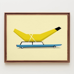 Stampa di auto a forma di banana, divertente, retrò, vintage, unica, originale, illustrazione di automobili - elegante decorazione per la casa del soggiorno