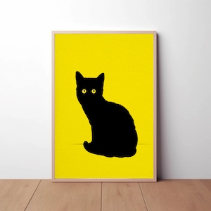 Lámina artística de gato negro: Decoración de pared en amarillo brillante (descarga digital)