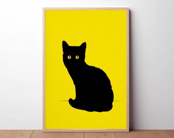 Black Cat Art Print: Bright Yellow Wall Decor (Digital Download)