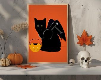 Black Cat Bat Costume - Printed Halloween Art - Unique Illustration