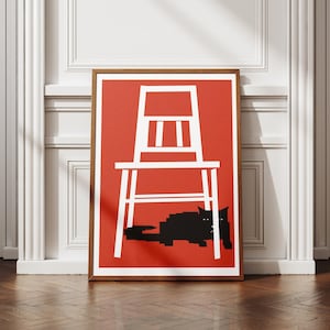 Schwarze Katze Kunstdruck: Hinterhältige Katze Unter Stuhl, Roter Hintergrund