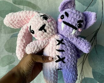 Two Headed Plushie, Conjoined Twin Doll, Crocheted Goth Bear/Bunny/Bat, Handmade Oddity, Customizable Toy