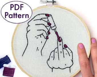 Middelvinger DIY-borduurpatroon en zelfstudie, feministisch borduurpatroon, borduurinstructies