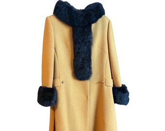 Vintage 60s Yellow Mod Swing Coat with Faux Fur Trim