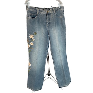 Jeans Bootcut ricamati floreali vintage anni &#39;90 Y2K a vita media Sz 10P