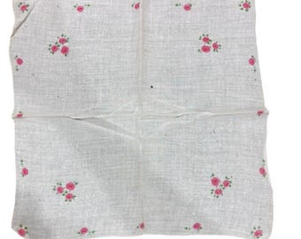 Pañuelo vintage blanco de 12x12 cm con estampado floral de rosas rosas, de algodón, estilo shabby chic.