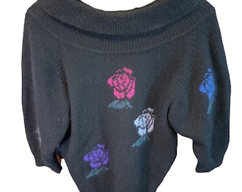 Vintage 90s Cassidy Large Black Off the Shoulder Floral 3/4 Sleeve Sweater