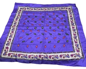 Vintage 30x30 Purple Floral Border Geometric Square Scarf Mod Eclectic