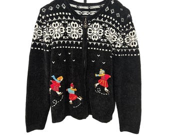 Vintage Nordic Style Black Velour Cardigan Full Zip Sweater Snowflake Skater