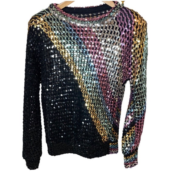 Vintage 80s 90s Rainbow Sequined Mesh Pullover Lo… - image 1