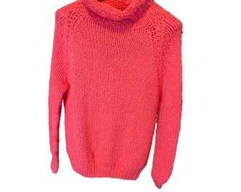 Vintage 70s 80s Hand Knit Cowl Neck Peachy Red Sweater