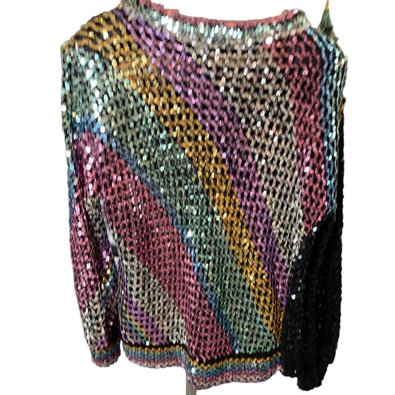 Vintage 80s 90s Rainbow Sequined Mesh Pullover Lo… - image 2