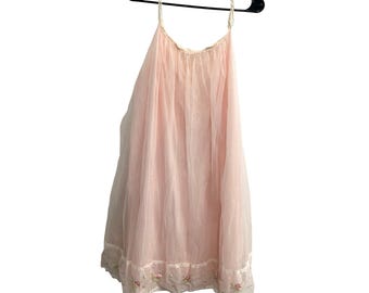 Vintage Vanity Fair Pink Nylon Tricot Slip Dress Baby Doll Floral Lace NIghtgown