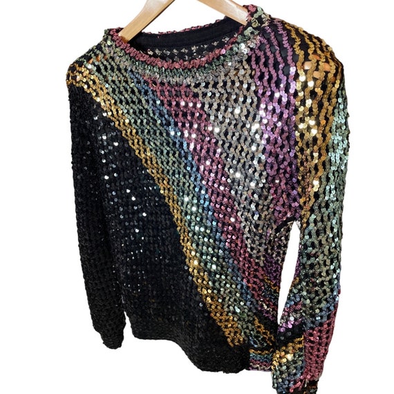 Vintage 80s 90s Rainbow Sequined Mesh Pullover Lo… - image 3