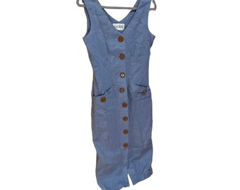 Vintage Santa Fe Blue Linen Button Front Made in USA Sleeveless Dress Sz 8