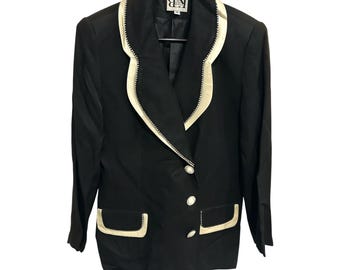 Stella Louise KB 8 Black Lined Blazer Rhinestone Cream Satin Trim Old Money Glam