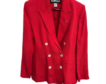 Le Seta Red 100% Silk Double Breasted Blazer Size 10 Statement Style Scholarcore