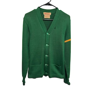 Vintage B Dawson Button Front Varsity Cardigan Sweater Green Virgin Wool Cozy