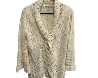 Vintage Cream Open Knit Cardigan Sweater Shawl Collar Button Closure