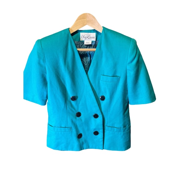 Vintage 90s Oleg Cassini Blue Green Teal Double Breasted Short Sleeve Blazer Sz 12