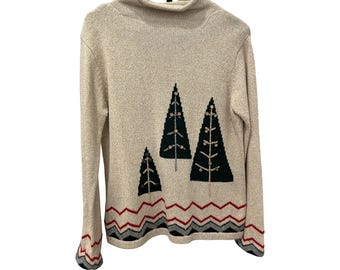 Vintage Crazy Horse Holiday Sweater Beige Knit Green Trees Button