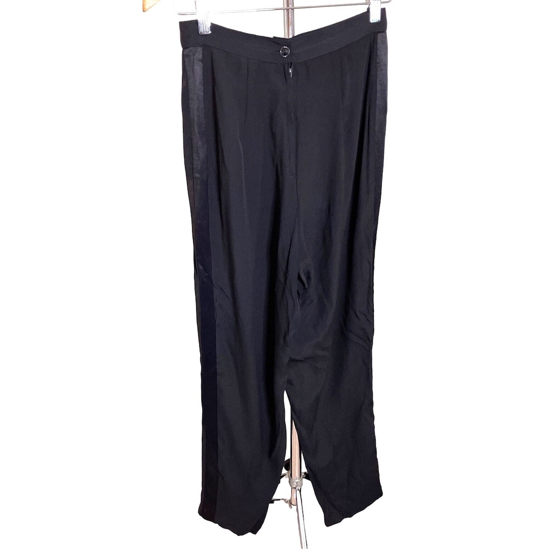Vintage 90s Aziz Collection Black Pleated Tuxedo Satin Trim Pants