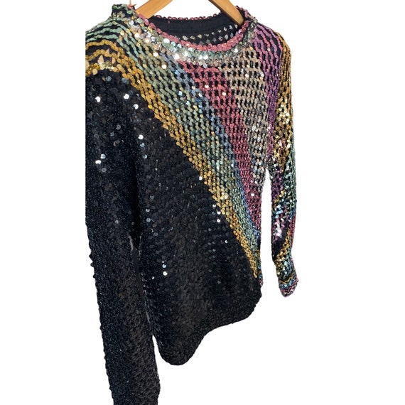 Vintage 80s 90s Rainbow Sequined Mesh Pullover Lo… - image 4