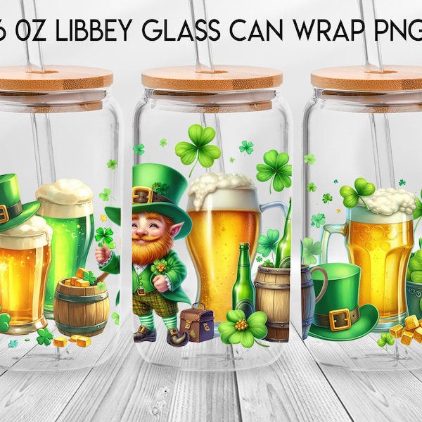 St. Patrick Beer 16oz Libbey Glass Can, Leprechaun Frosted Glass, Funny Patrick's Day Beer Can Glass