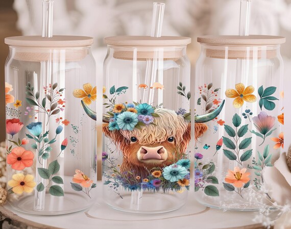 Highland Cow UV DTF Cup Wraps | Set of 3 for 16oz 40oz | Cute Floral Waterproof Stickers | Ready to Press Decals | Mother’s Day Gift for Mom