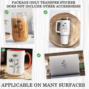 Pu&ograve; includere: Un set di tre adesivi trasferibili con un design floreale e il nome "Emily". Gli adesivi sono mostrati su una tazza da caff&egrave;, un bicchiere e un laptop. Il testo "PACKAGE ONLY TRANSFER STICKER DOES NOT INCLUDE OTHER ACCESSORIES" &egrave; nella parte superiore dell'immagine. Il testo "APPLICABLE ON MANY SURFACES" &egrave; nella parte inferiore dell'immagine.