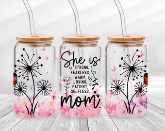 Mom Butterfly Libbey Glass Wrap Png, Mom Dandelion Glass Cup, Strong Mom Quotes Tumbler Sublimation Design Mother's Day Digital Download