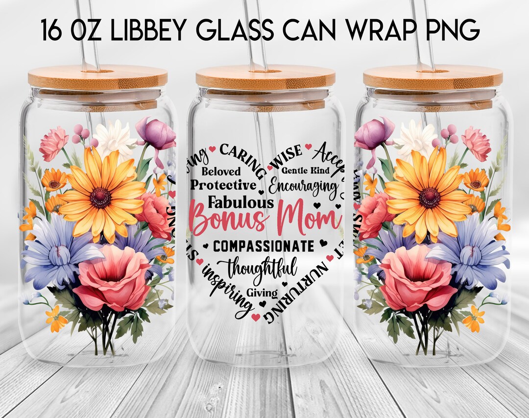 Bonus Mom 16oz Libbey Glass Can, Mom Heart Frosted Glass, Mom Flower ...