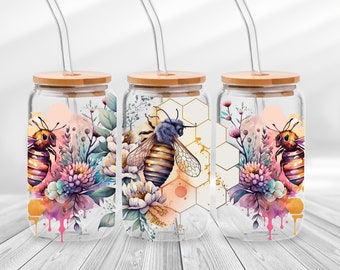 Floral Bee Libbey Glass Can Png, Coupe en verre en nid d'abeille, Highland Bumble Bee Floral 16oz Libbey Glass Can Mother's Day Digital Download png