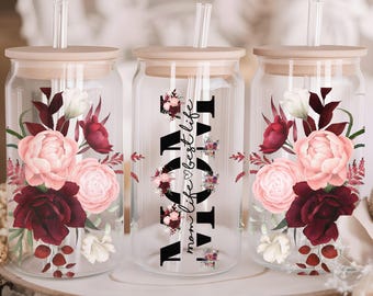 Mom Life UV DTF Cup Wrap | Mom Flower Libbey Glass Can Decal | 16oz Wrap for Iced Coffee | Mother's Day Gift | Ready to Press