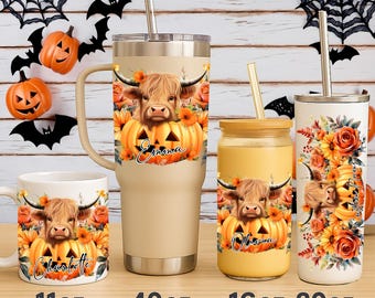 Highland Cow UV DTF Tumbler Wraps – Fall Cup Decal Set | Thanksgiving Pumpkin Gift Stickers for Her | Ready to Press | Highland Cow Mug Wrap