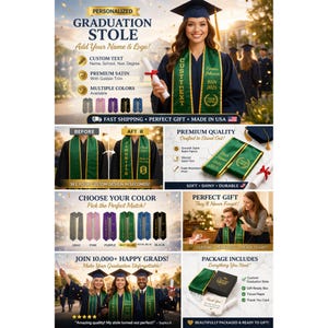 May include: A promotional image for personalized graduation stoles. The image features a woman in a cap and gown holding a diploma, wearing a green stole with gold trim. Text includes "Personalized Graduation Stole" and color options.