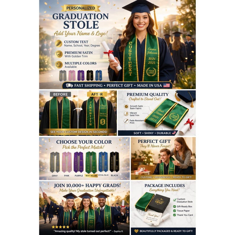 May include: A promotional image for personalized graduation stoles. The image features a woman in a cap and gown holding a diploma, wearing a green stole with gold trim. Text includes "Personalized Graduation Stole" and color options.