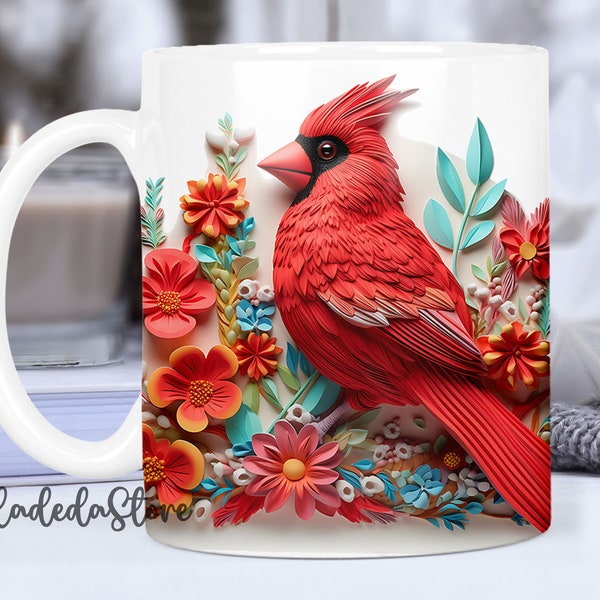3D Red Cardinal Bird Flowers Mug Wrap Png, Cute Red Cardinal Template Mug, Cardina 3D Mug Full Wrap Design, 11oz Mug Sublimation Wrap