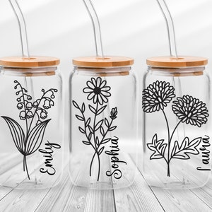 Birth Flower Customized Glass Can Png, Wildflower Glass Can, Floral Glass Can Png, Birth Flower Cup, Mothers Day Libbey 16 oz Glass Wrap