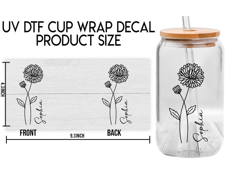 Birth Month Flower UV DTF Decal – Personalized Name Wildflower Cup Wrap, Custom Tumbler Sticker, Glass Can Gift for Bridesmaid immagine 3