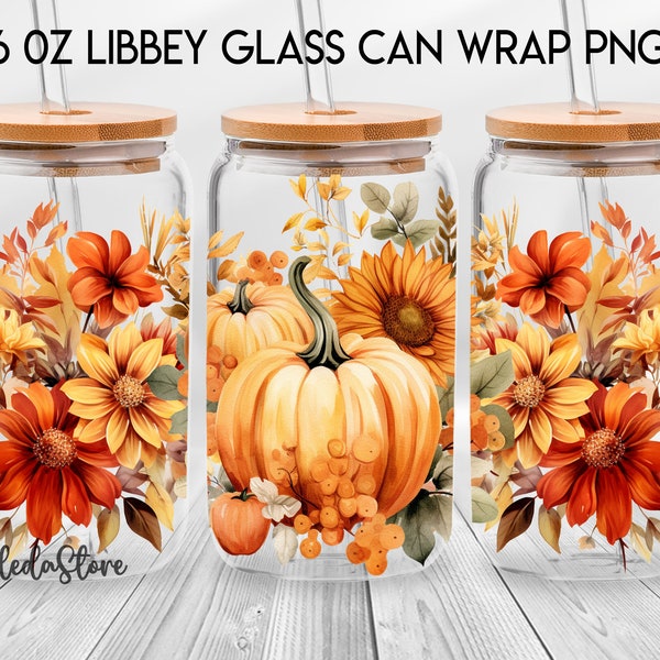 Fall Pumpkin 16oz Libbey Glass Can, Pumpkin Autumn Frosted Glass Sublimation, Fall Flower Pumpkin Beer Can Glass, Thanksgiving Libbey glass