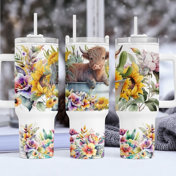 Baby Highland Cow In a Bucket 40oz Quencher Tumbler Wrap, Cow SunFlower Tumbler Wrap For 40 oz, Mothers Day Tumbler Sublimation Download Png