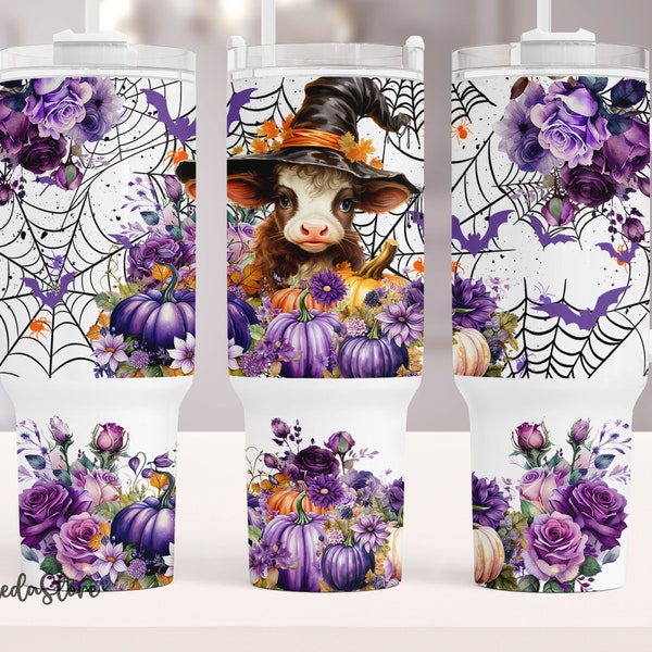 Purple Baby Highland Cow Witch Halloween Pumpkin 40oz Quencher Tumbler Wrap, Baby Cow Tumbler 40oz, Cow Autumn Tumbler, Fall Pumpkin Tumbler