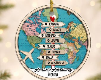 Custom Travel Adventure Ceramic Ornament, Personalized Destination World Map, 2026 Christmas Gift for Travelers, Vacation Keepsake