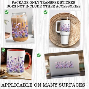 Puede incluir: Un conjunto de cuatro tazas diferentes con un dise&ntilde;o floral. Las tazas son blancas con un borde rojo y un patr&oacute;n floral en tonos de morado, rosa y azul. El texto "PACKAGE ONLY TRANSFER STICKER DOES NOT INCLUDE OTHER ACCESSORIES" est&aacute; en la parte superior de la imagen. El texto "APPLICABLE ON MANY SURFACES" est&aacute; en la parte inferior de la imagen.