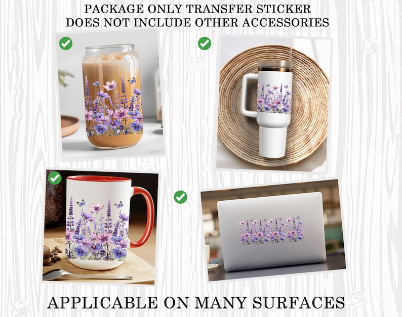 Puede incluir: Un conjunto de cuatro tazas diferentes con un dise&ntilde;o floral. Las tazas son blancas con un borde rojo y un patr&oacute;n floral en tonos de morado, rosa y azul. El texto "PACKAGE ONLY TRANSFER STICKER DOES NOT INCLUDE OTHER ACCESSORIES" est&aacute; en la parte superior de la imagen. El texto "APPLICABLE ON MANY SURFACES" est&aacute; en la parte inferior de la imagen.