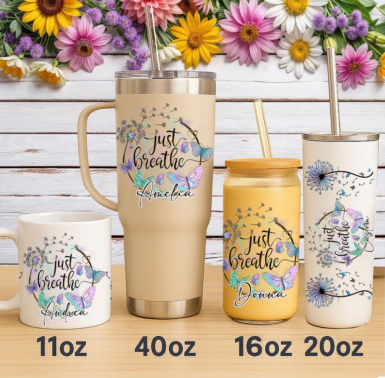 Personalized Just Breathe UV DTF Cup Wrap, Dandelion Butterfly Glass Can & Tumbler Decals (11oz–40oz), Waterproof Sticker, Mother's Day Gift image 1