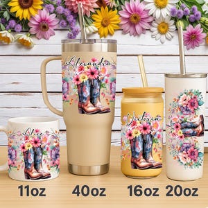 Personalized Cowgirl Boots UV DTF Wrap, Floral Western Tumbler & Libbey Glass Can Decal, Custom Gift for Mom, Ready to Press